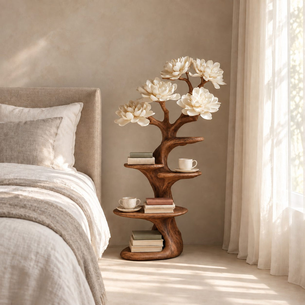 Rustic Tree Nightstand with Staggered Shelves, Gnarled Trunk Solid Wood Bedside Table