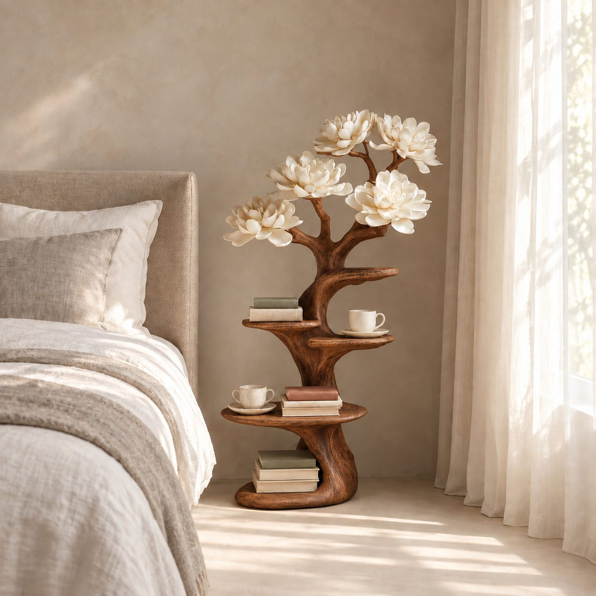 Rustic Tree Nightstand with Staggered Shelves, Gnarled Trunk Solid Wood Bedside Table
