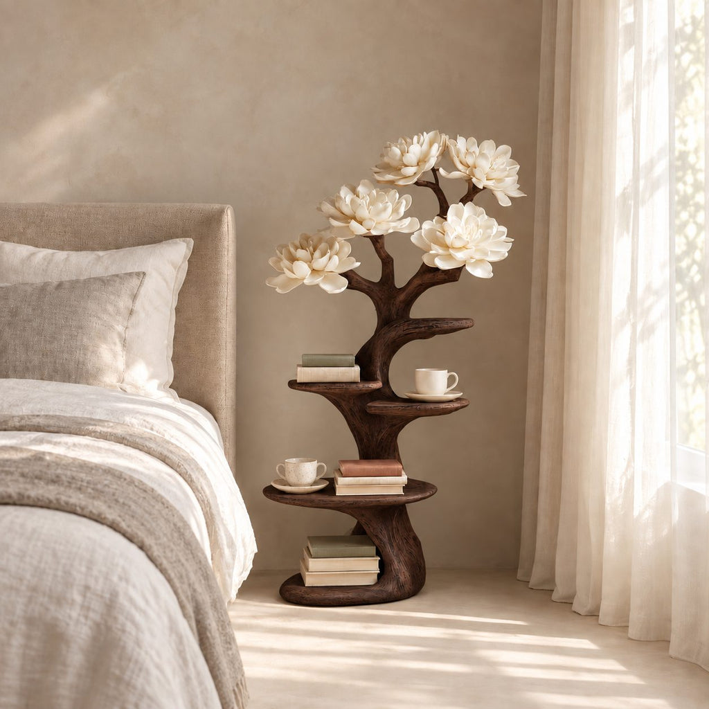 Rustic Tree Nightstand with Staggered Shelves, Gnarled Trunk Solid Wood Bedside Table