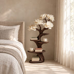 Rustic Tree Nightstand with Staggered Shelves, Gnarled Trunk Solid Wood Bedside Table