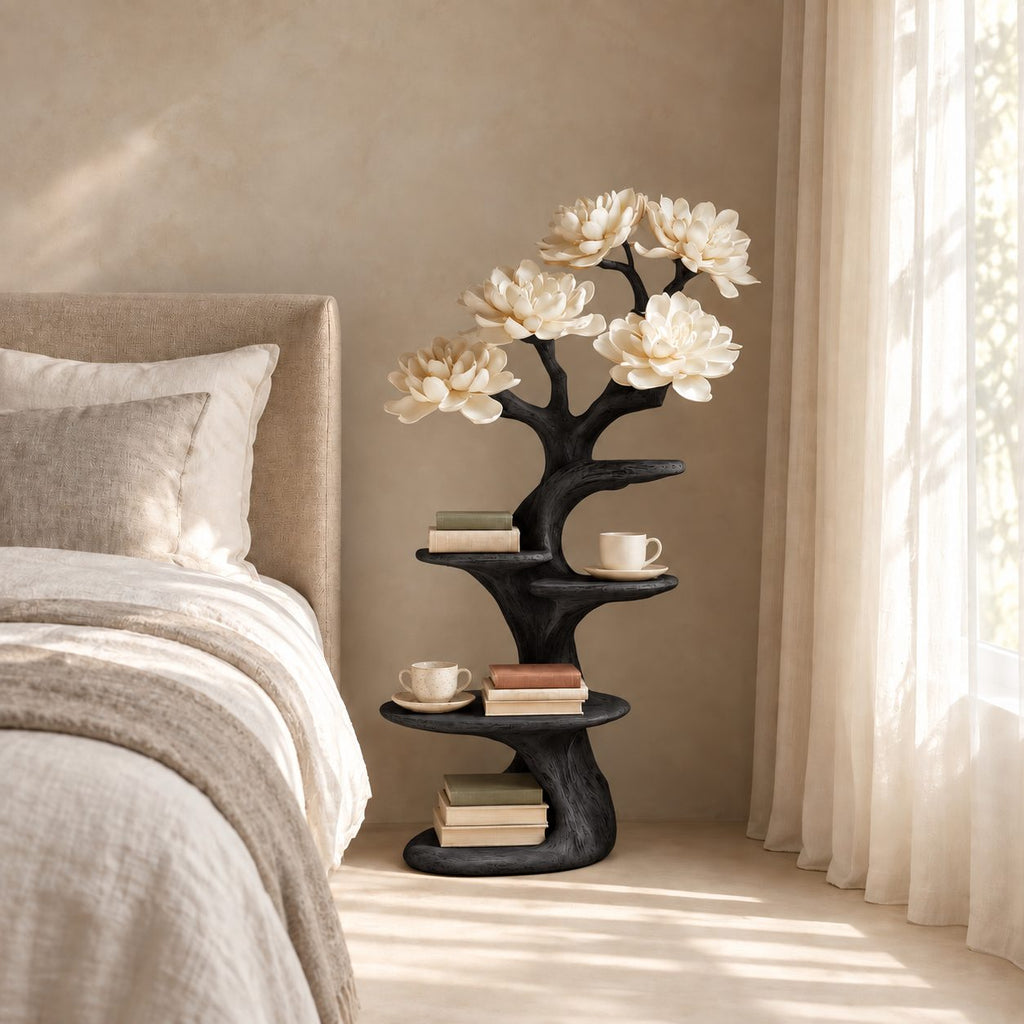Rustic Tree Nightstand with Staggered Shelves, Gnarled Trunk Solid Wood Bedside Table
