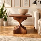 Mid Century Hourglass End Table, Sculptural Block Base Solid Wood Side Table for Living Room