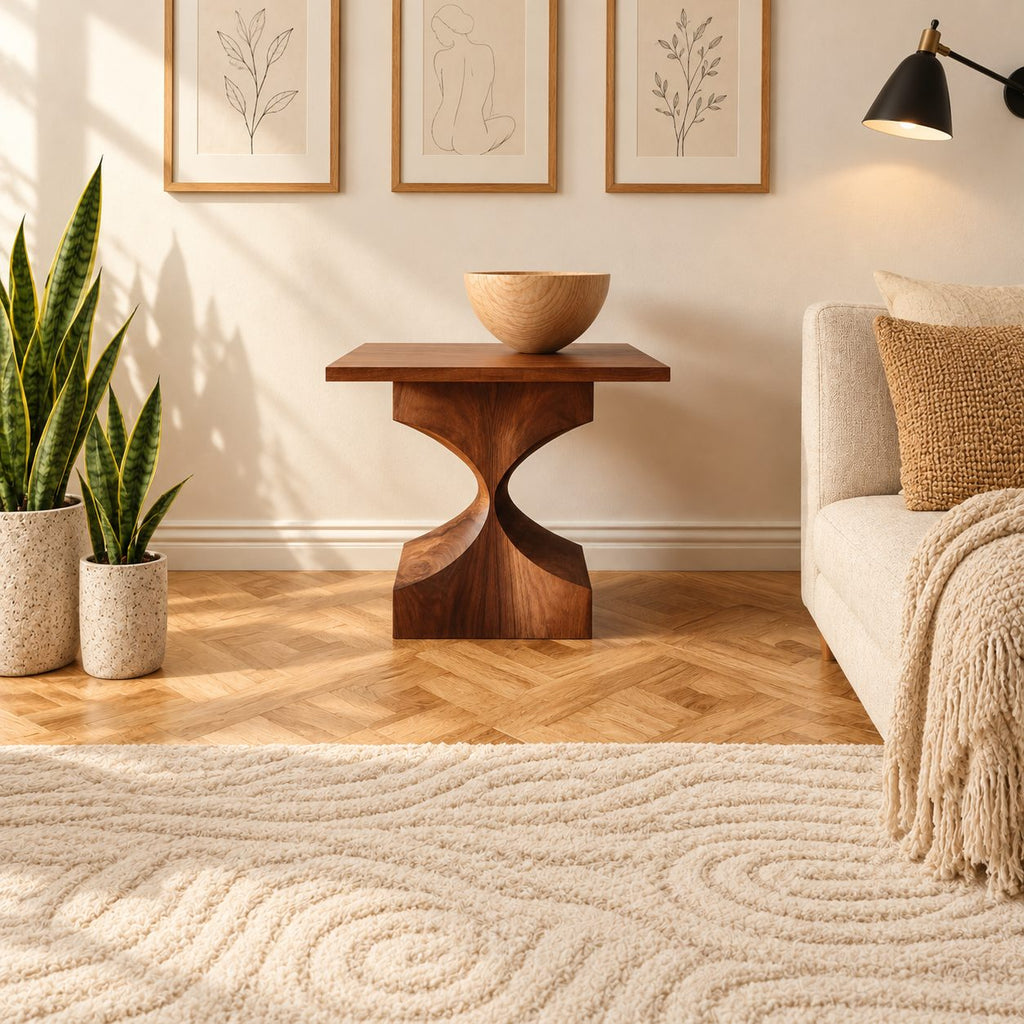 Mid Century Hourglass End Table, Sculptural Block Base Solid Wood Side Table for Living Room