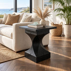 Mid Century Hourglass End Table, Sculptural Block Base Solid Wood Side Table for Living Room