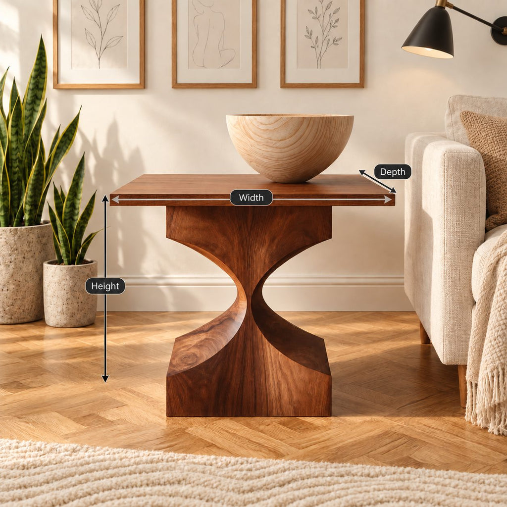 Mid Century Hourglass End Table, Sculptural Block Base Solid Wood Side Table for Living Room