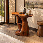 Sculptural Pedestal End Table with Cubby Shelves, Freeform Solid Wood Side Table for Entryway