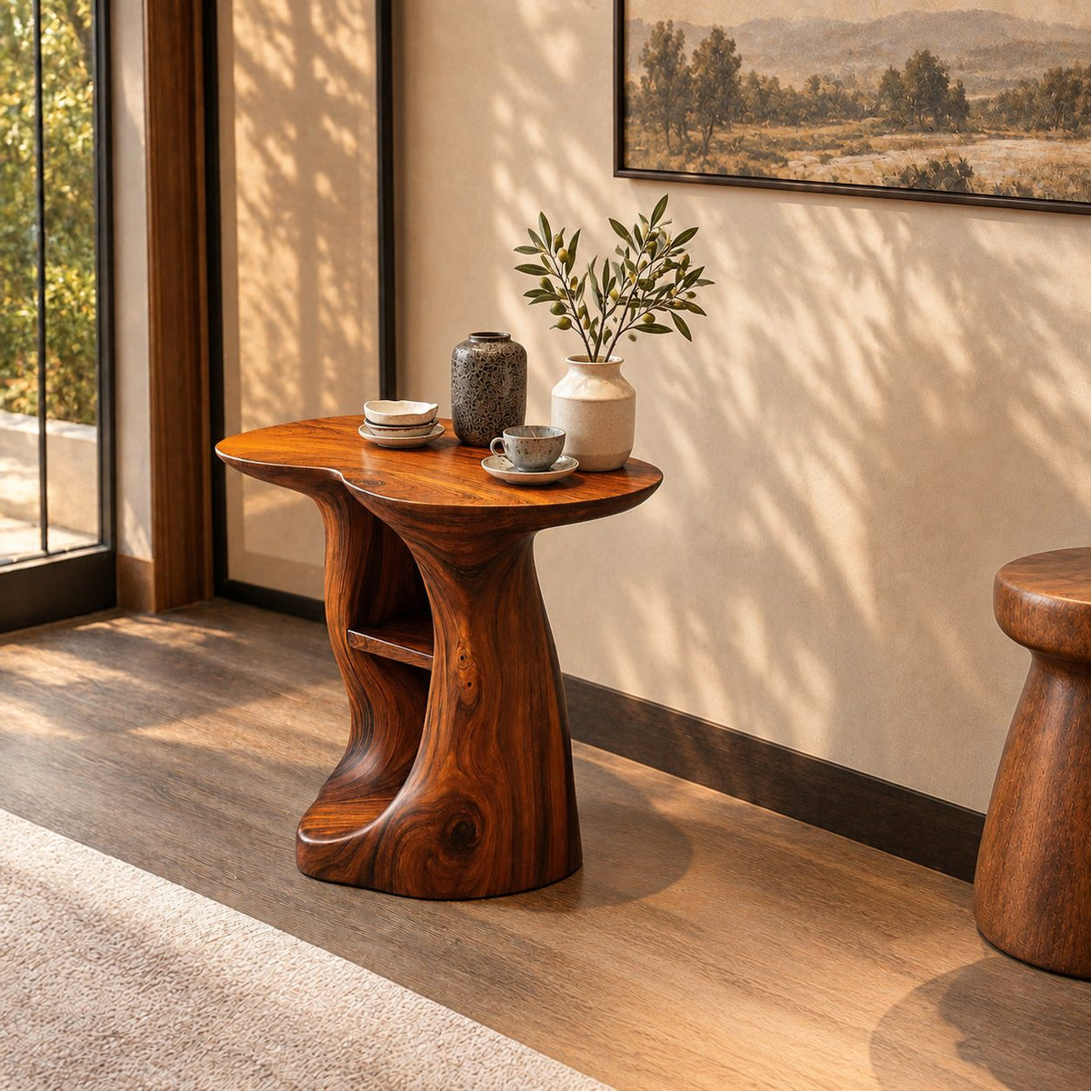 Sculptural Pedestal End Table with Cubby Shelves, Freeform Solid Wood Side Table for Entryway