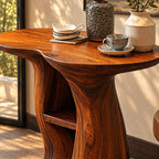 Sculptural Pedestal End Table with Cubby Shelves, Freeform Solid Wood Side Table for Entryway