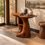 Sculptural Pedestal End Table with Cubby Shelves, Freeform Solid Wood Side Table for Entryway