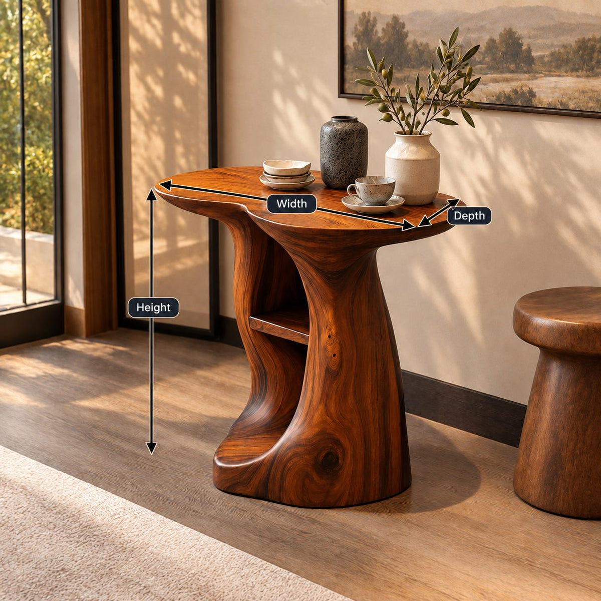 Sculptural Pedestal End Table with Cubby Shelves, Freeform Solid Wood Side Table for Entryway
