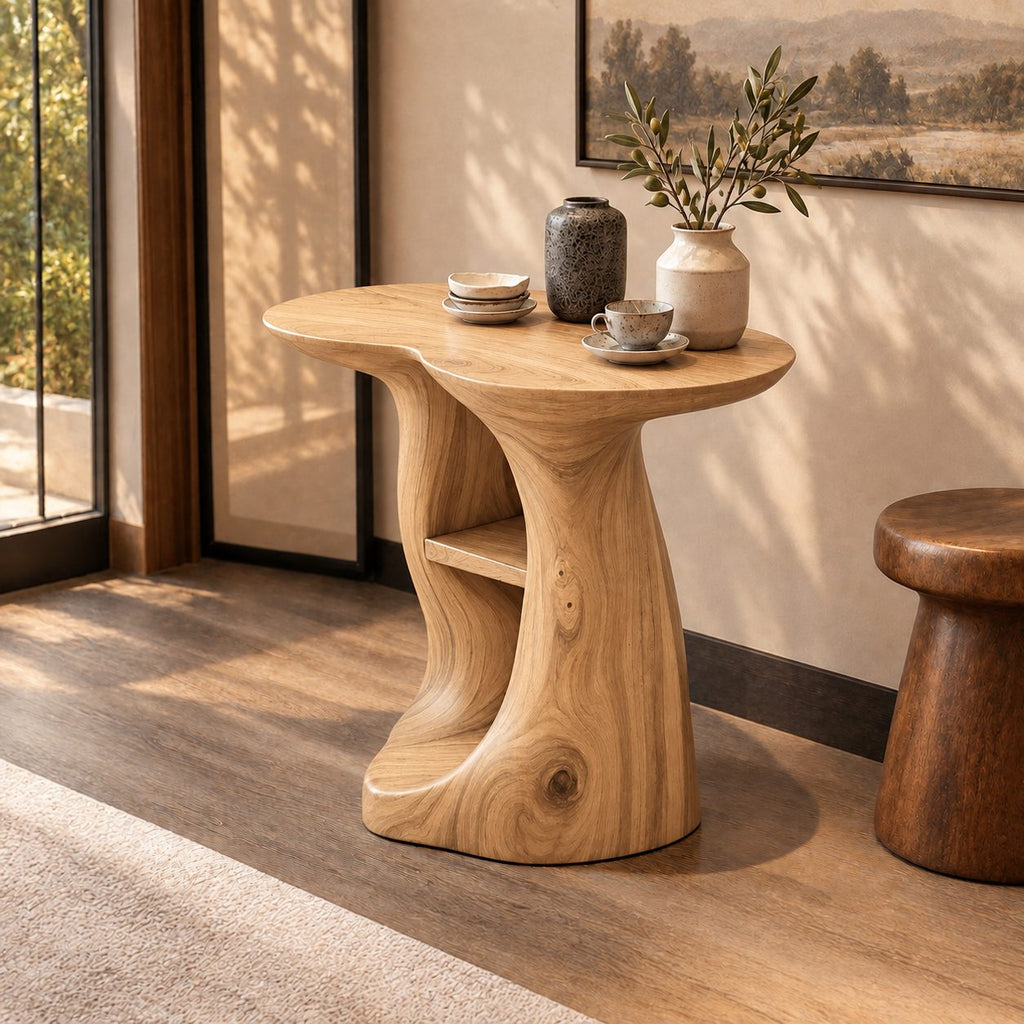 Sculptural Pedestal End Table with Cubby Shelves, Freeform Solid Wood Side Table for Entryway