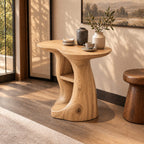 Sculptural Pedestal End Table with Cubby Shelves, Freeform Solid Wood Side Table for Entryway