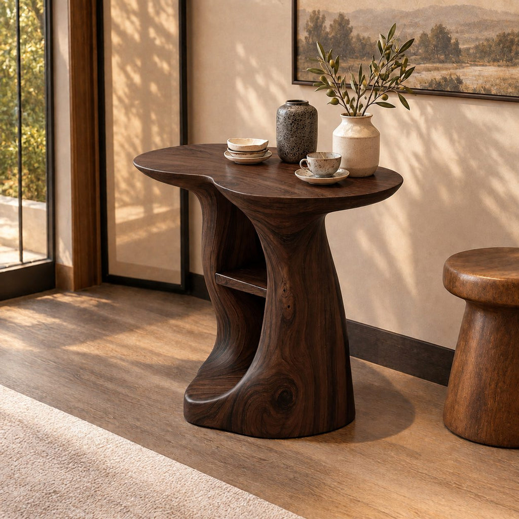 Sculptural Pedestal End Table with Cubby Shelves, Freeform Solid Wood Side Table for Entryway