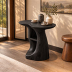 Sculptural Pedestal End Table with Cubby Shelves, Freeform Solid Wood Side Table for Entryway