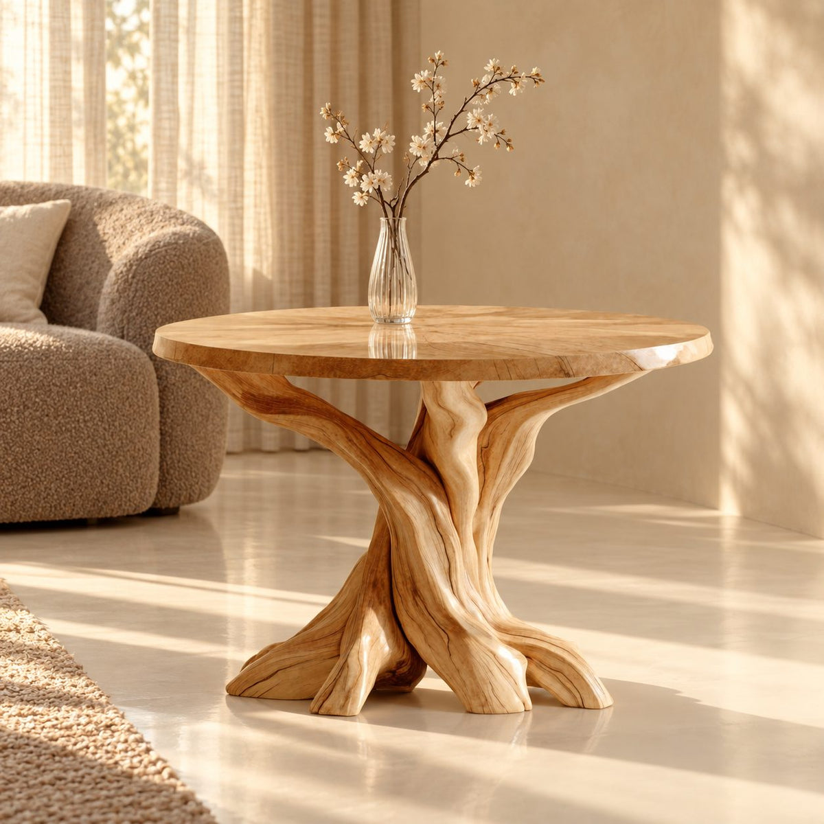 Round End Table with Twisted Root Base, Natural Solid Wood Side Table for Living Room