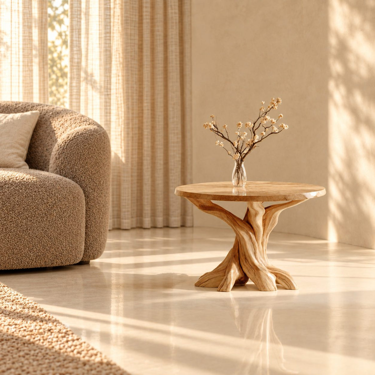 Round End Table with Twisted Root Base, Natural Solid Wood Side Table for Living Room