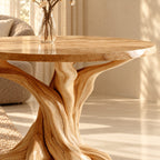 Round End Table with Twisted Root Base, Natural Solid Wood Side Table for Living Room