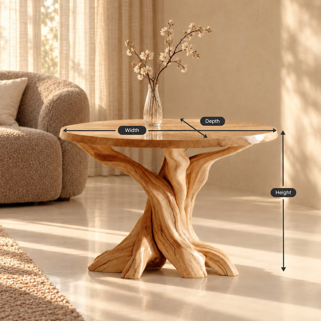 Round End Table with Twisted Root Base, Natural Solid Wood Side Table for Living Room