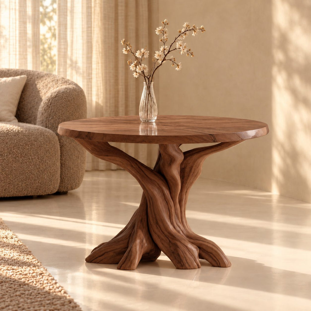Round End Table with Twisted Root Base, Natural Solid Wood Side Table for Living Room