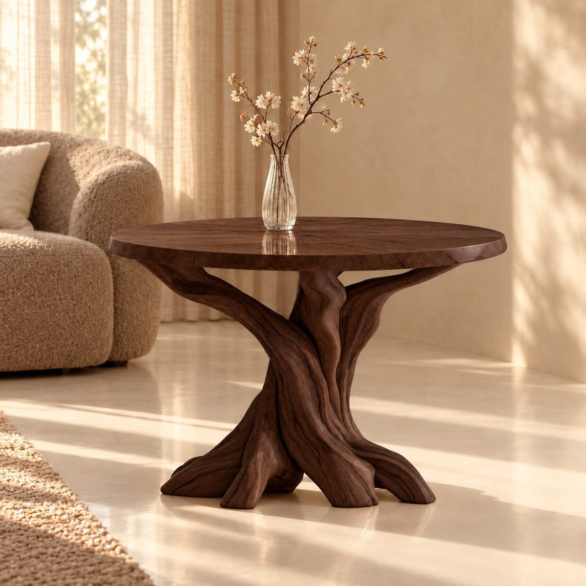 Round End Table with Twisted Root Base, Natural Solid Wood Side Table for Living Room