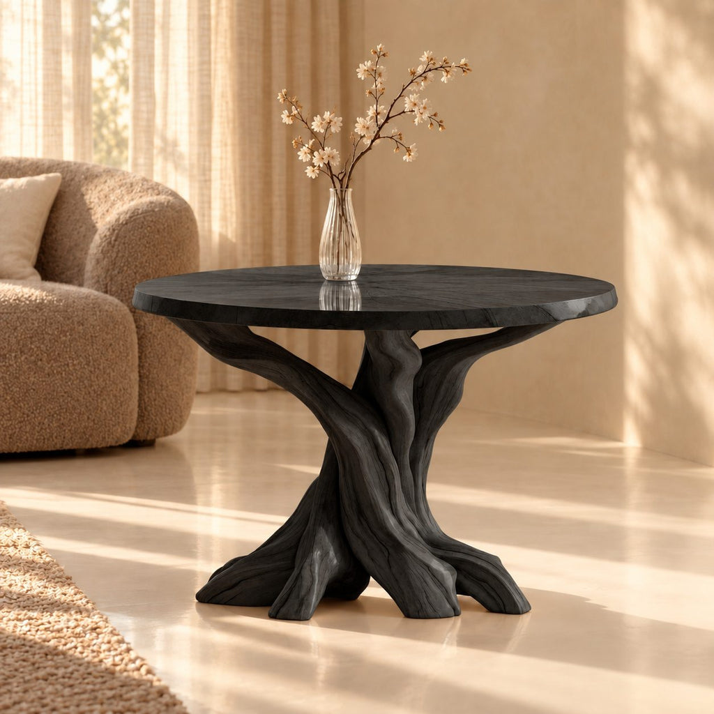 Round End Table with Twisted Root Base, Natural Solid Wood Side Table for Living Room