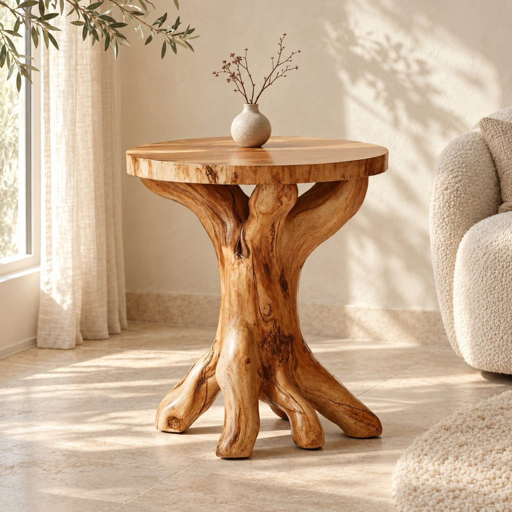 Tree Root End Table with Round Top, Knotted Trunk Solid Wood Accent Table for Living Room
