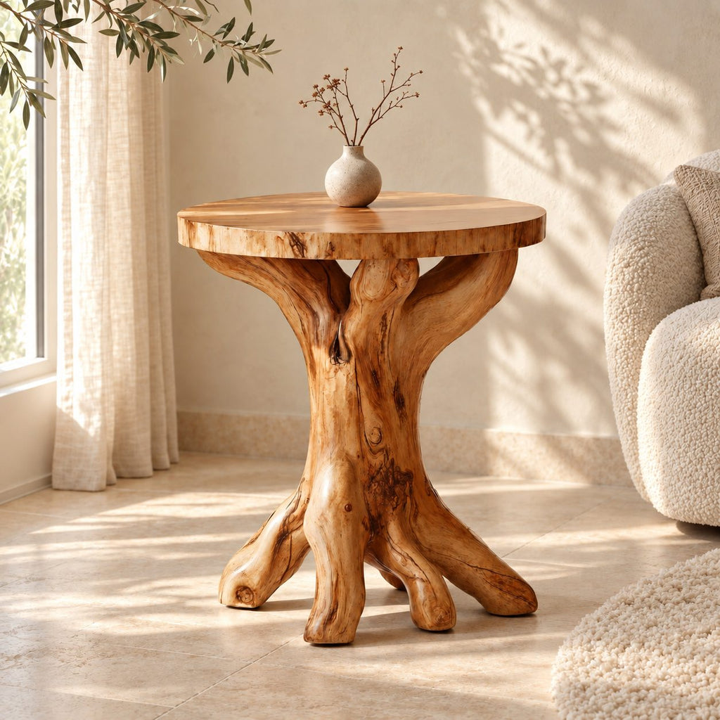 Tree Root End Table with Round Top, Knotted Trunk Solid Wood Accent Table for Living Room
