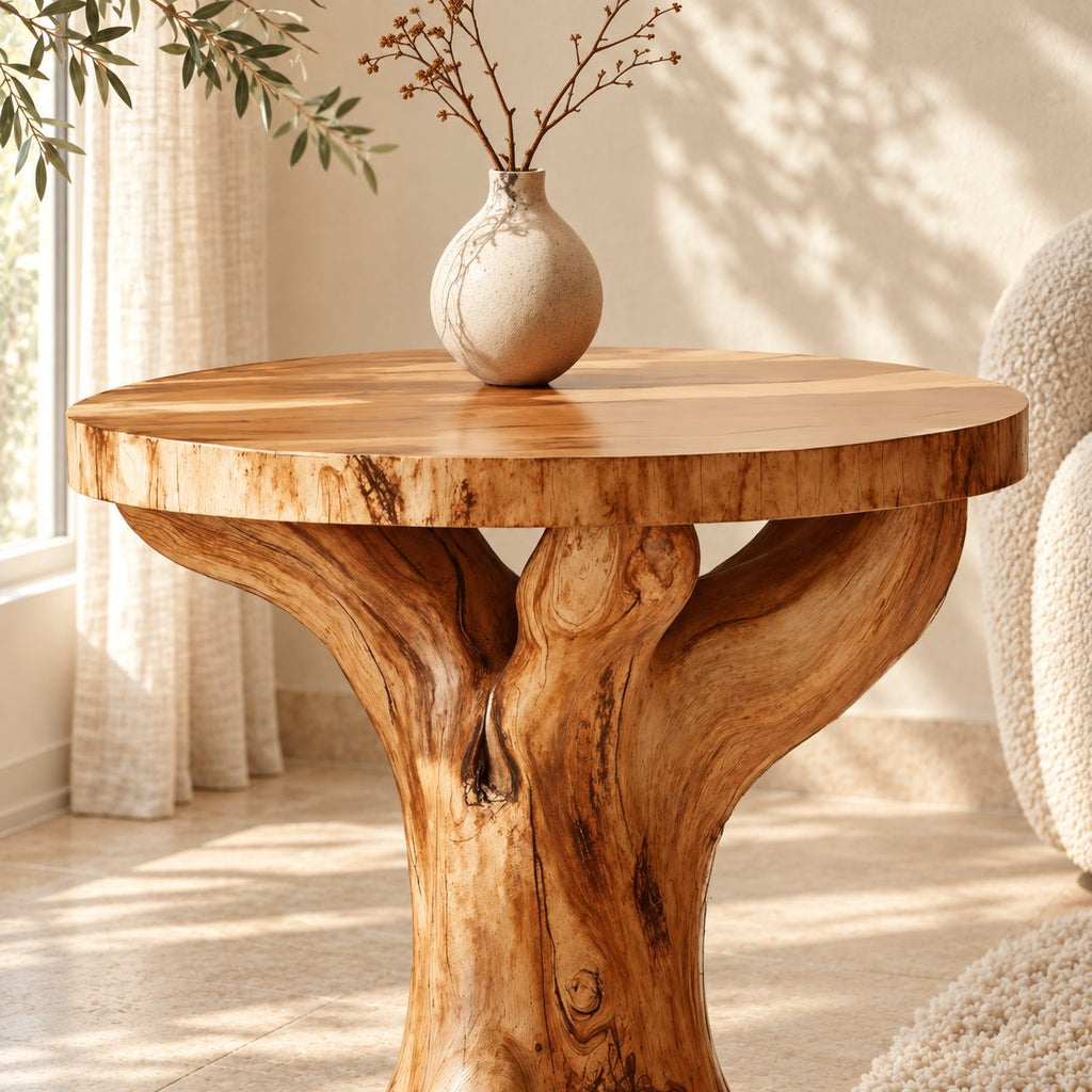 Tree Root End Table with Round Top, Knotted Trunk Solid Wood Accent Table for Living Room