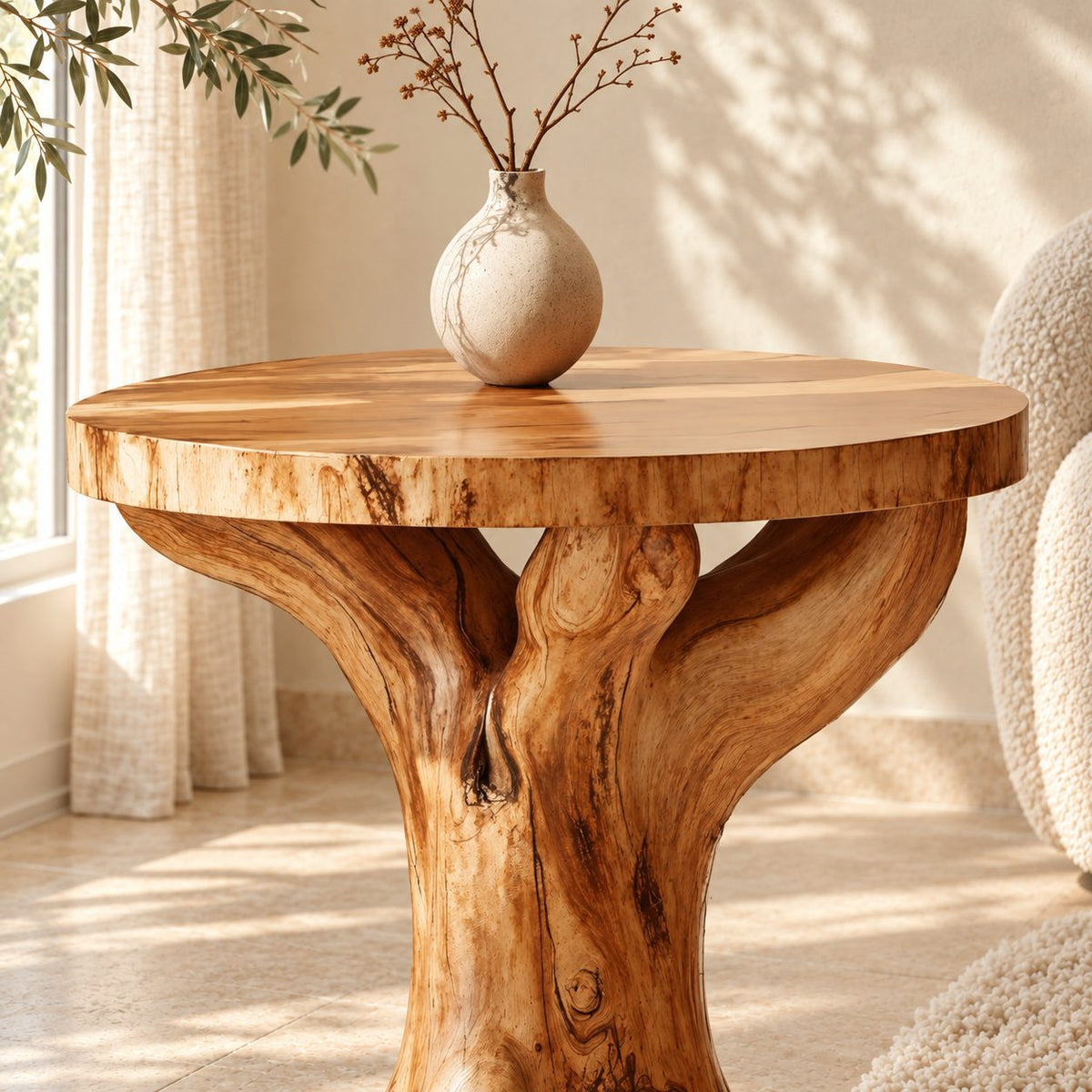 Tree Root End Table with Round Top, Knotted Trunk Solid Wood Accent Table for Living Room