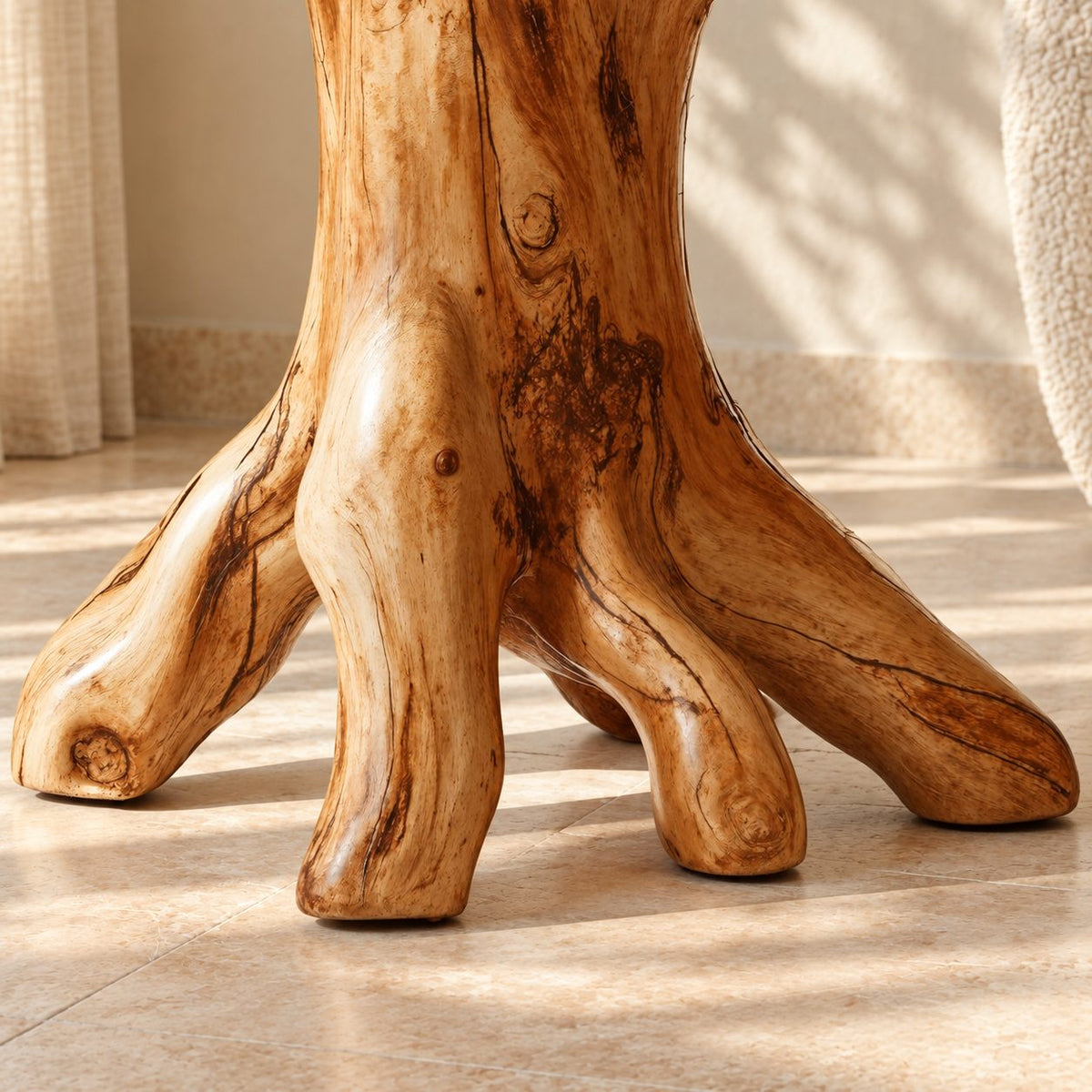 Tree Root End Table with Round Top, Knotted Trunk Solid Wood Accent Table for Living Room