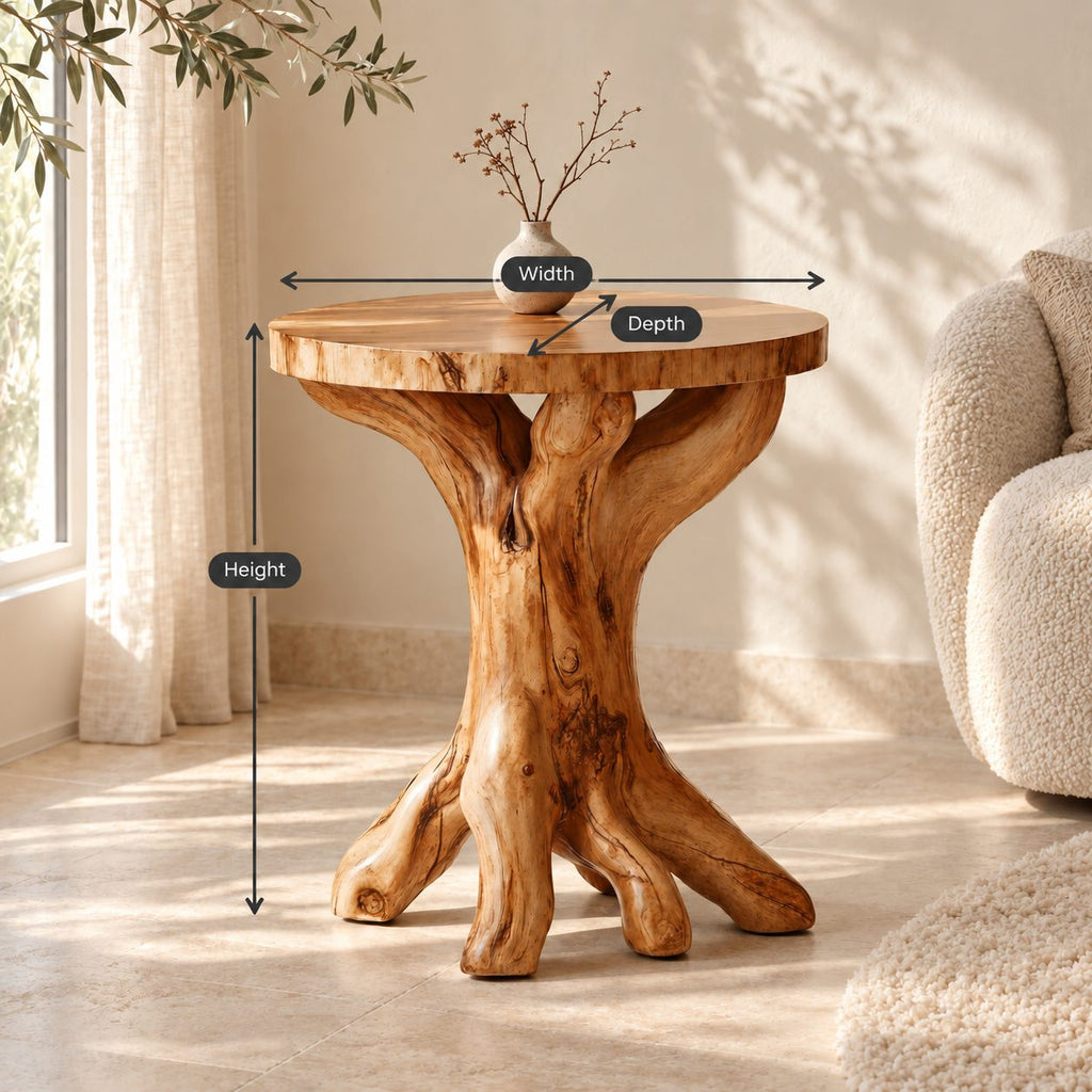 Tree Root End Table with Round Top, Knotted Trunk Solid Wood Accent Table for Living Room