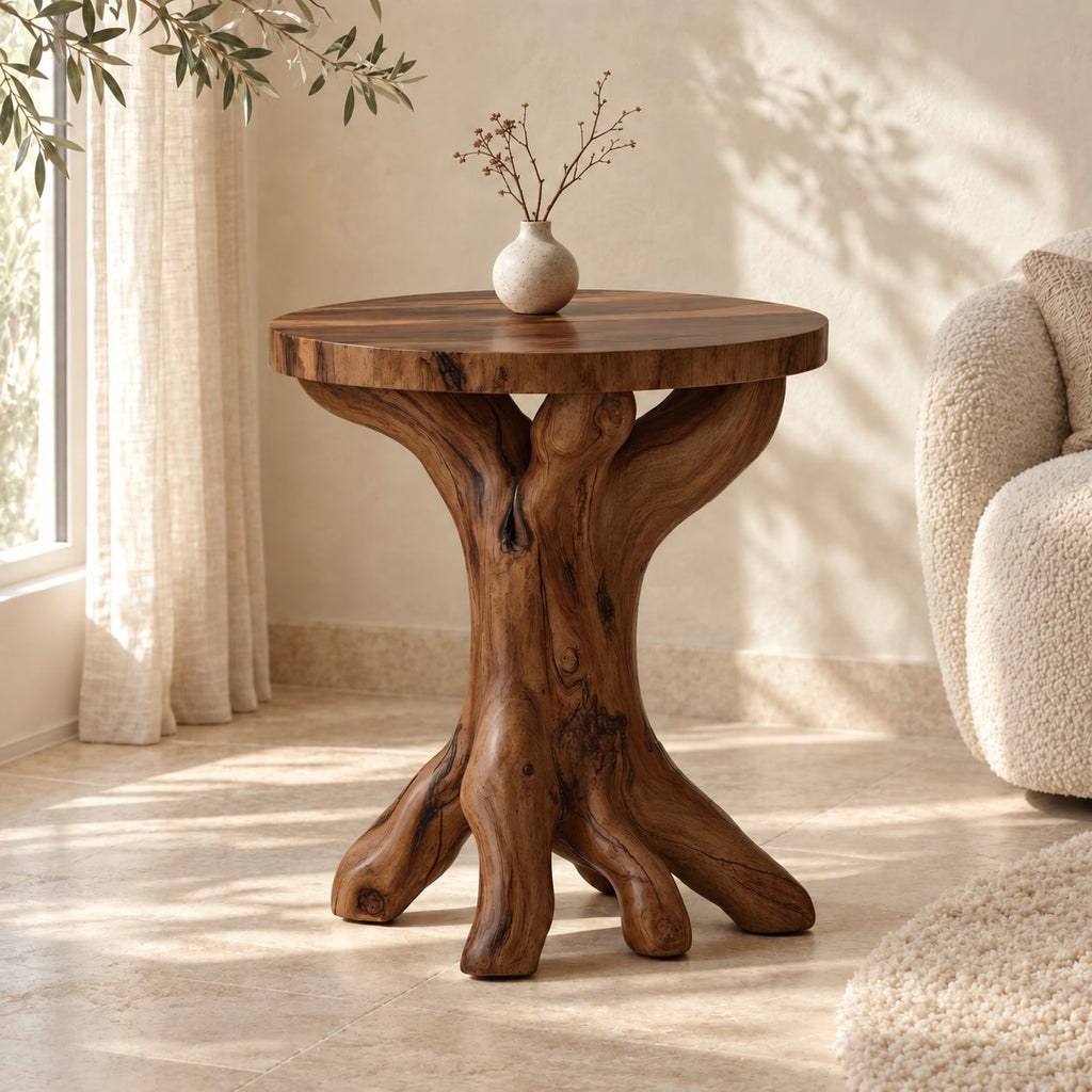 Tree Root End Table with Round Top, Knotted Trunk Solid Wood Accent Table for Living Room