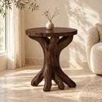 Tree Root End Table with Round Top, Knotted Trunk Solid Wood Accent Table for Living Room