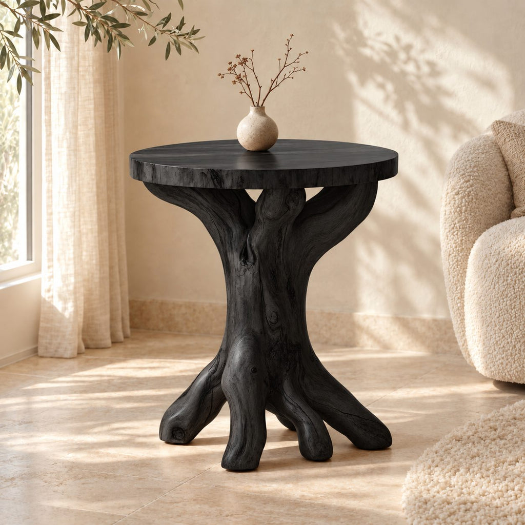 Tree Root End Table with Round Top, Knotted Trunk Solid Wood Accent Table for Living Room