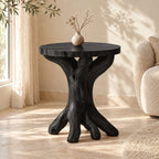 Tree Root End Table with Round Top, Knotted Trunk Solid Wood Accent Table for Living Room