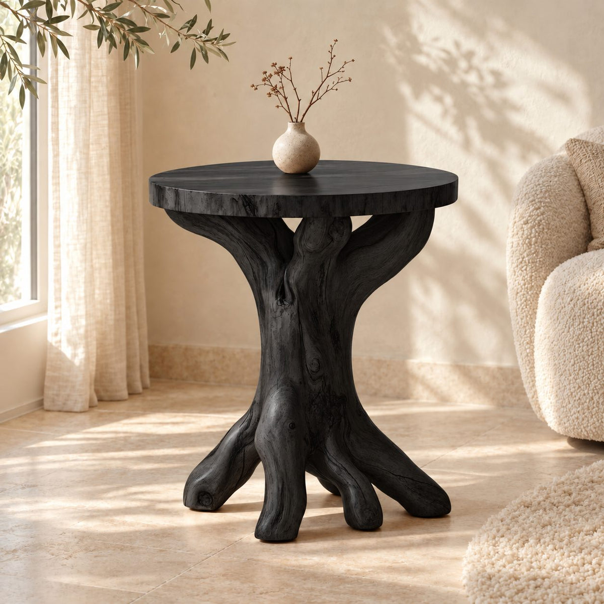 Tree Root End Table with Round Top, Knotted Trunk Solid Wood Accent Table for Living Room