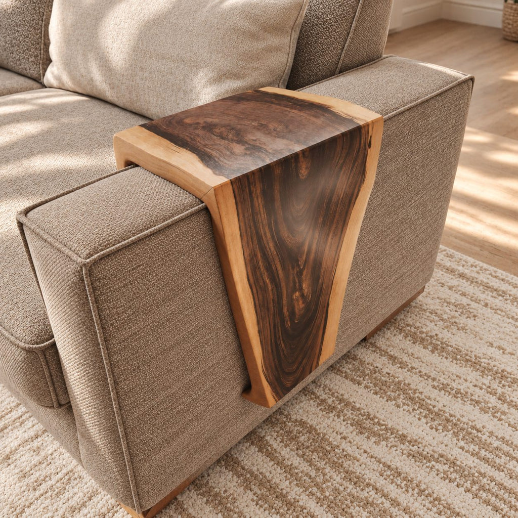 Waterfall Sofa Armrest Table, Live Edge Solid Wood Couch Arm Tray with Inside Lip