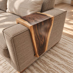 Waterfall Sofa Armrest Table, Live Edge Solid Wood Couch Arm Tray with Inside Lip