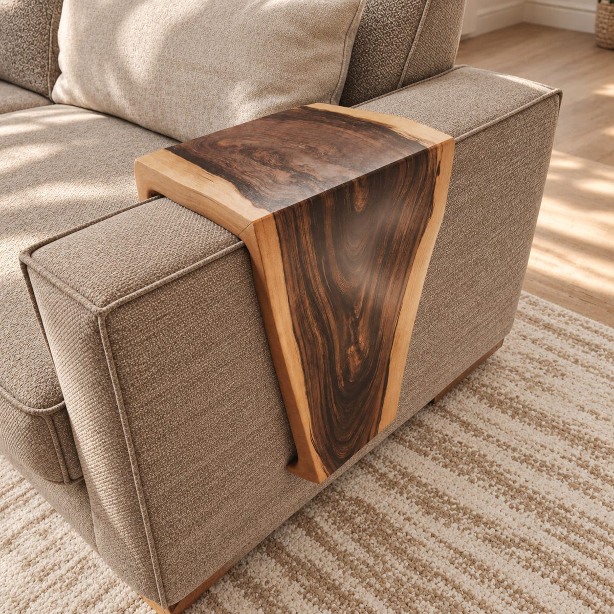 Waterfall Sofa Armrest Table, Live Edge Solid Wood Couch Arm Tray with Inside Lip