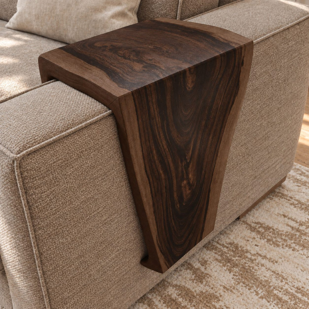 Waterfall Sofa Armrest Table, Live Edge Solid Wood Couch Arm Tray with Inside Lip