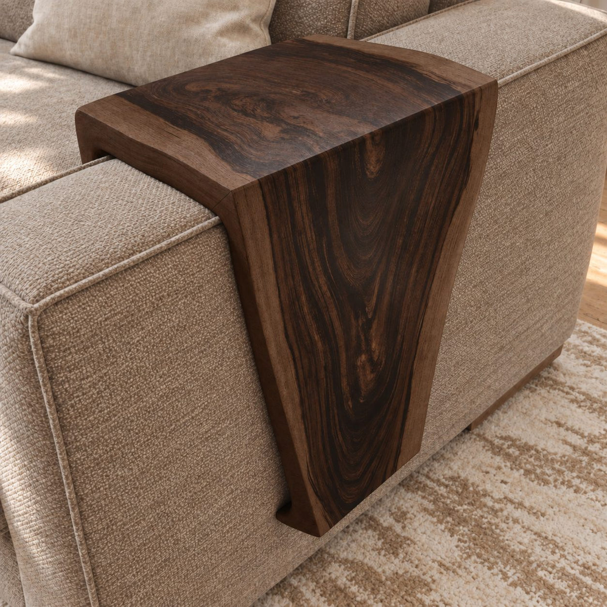 Waterfall Sofa Armrest Table, Live Edge Solid Wood Couch Arm Tray with Inside Lip