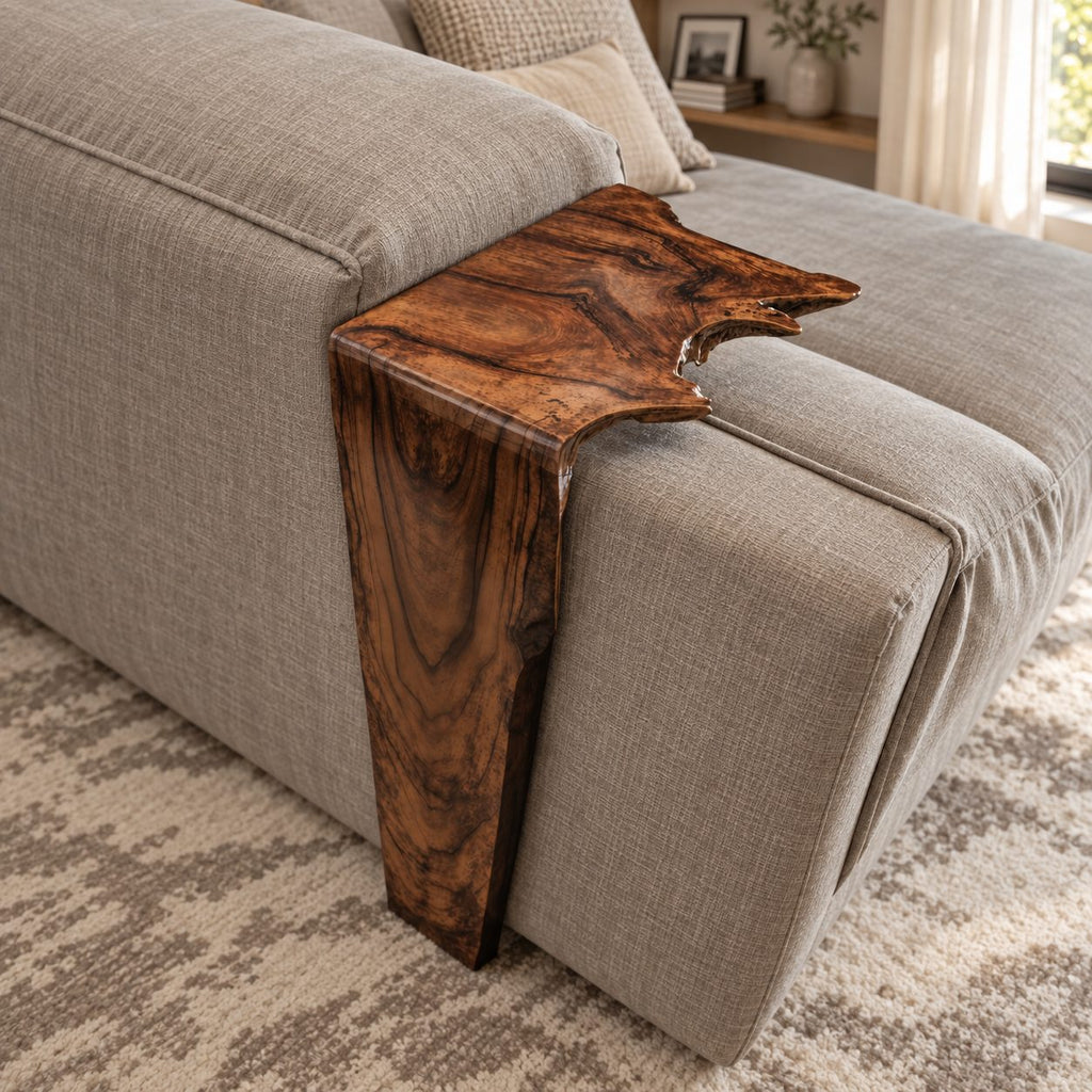 Waterfall Sofa Armrest Table, Long Drop Panel Live Edge Solid Wood Arm Tray for Couch