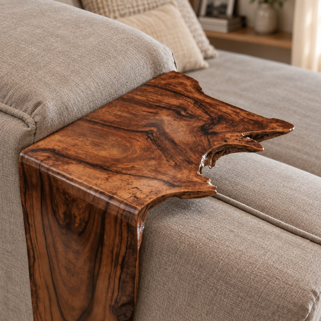 Waterfall Sofa Armrest Table, Long Drop Panel Live Edge Solid Wood Arm Tray for Couch