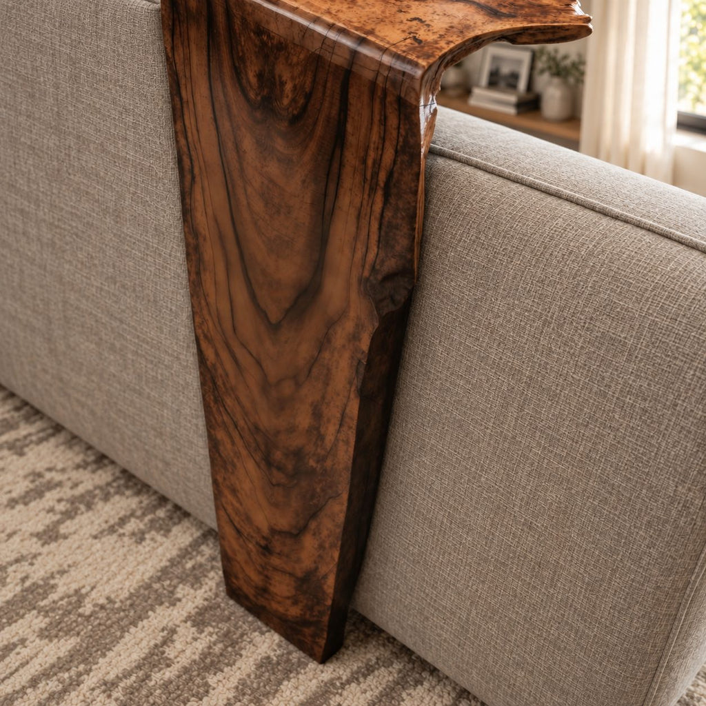 Waterfall Sofa Armrest Table, Long Drop Panel Live Edge Solid Wood Arm Tray for Couch