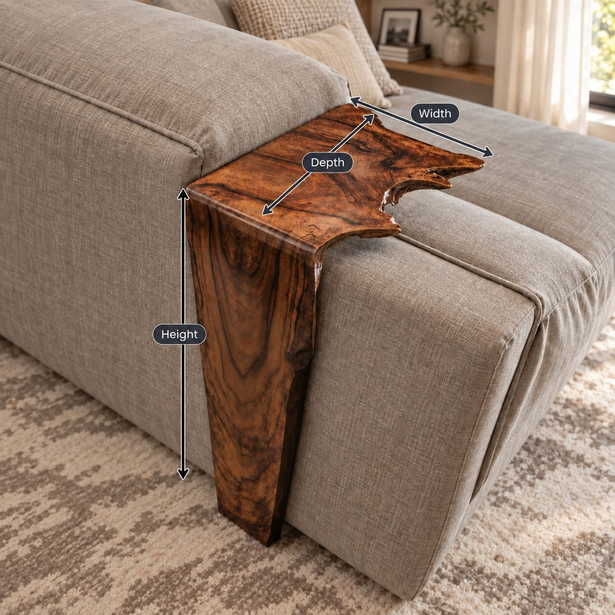 Waterfall Sofa Armrest Table, Long Drop Panel Live Edge Solid Wood Arm Tray for Couch