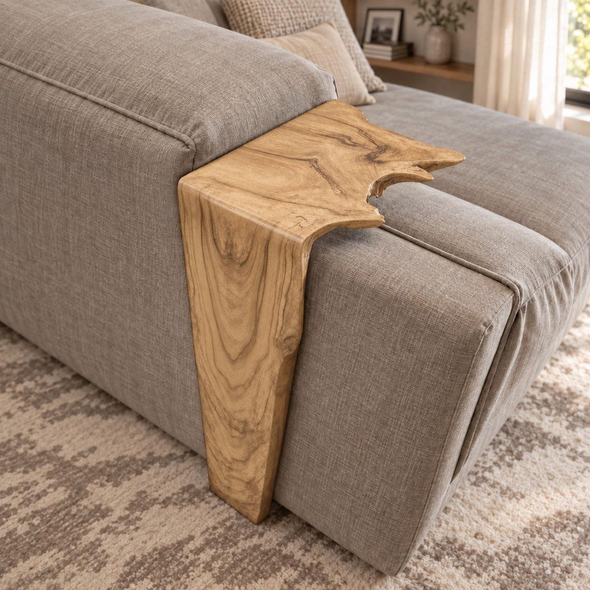 Waterfall Sofa Armrest Table, Long Drop Panel Live Edge Solid Wood Arm Tray for Couch