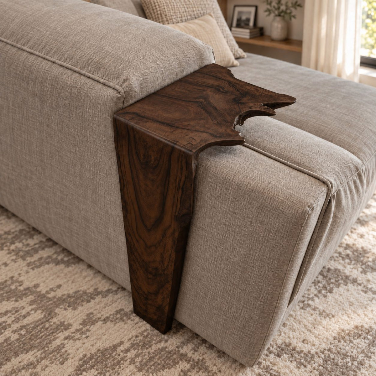 Waterfall Sofa Armrest Table, Long Drop Panel Live Edge Solid Wood Arm Tray for Couch