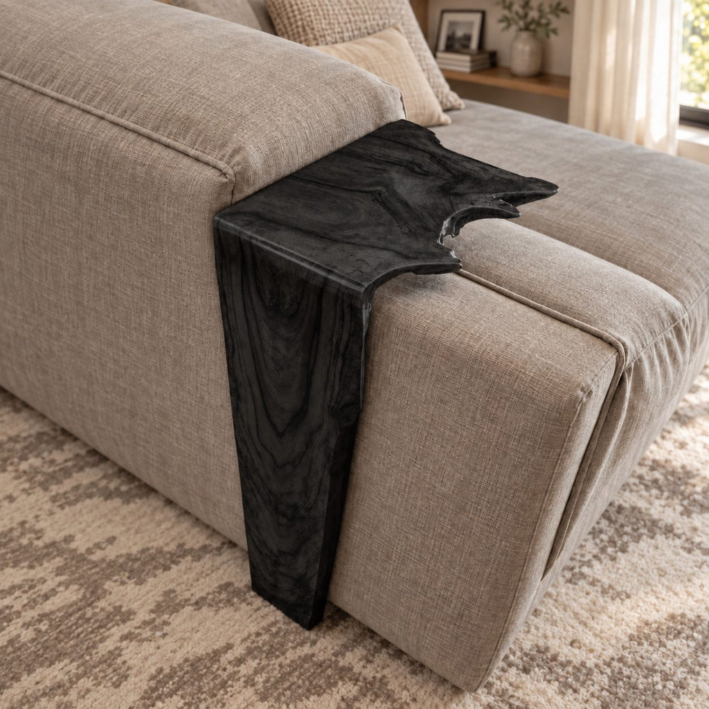 Waterfall Sofa Armrest Table, Long Drop Panel Live Edge Solid Wood Arm Tray for Couch