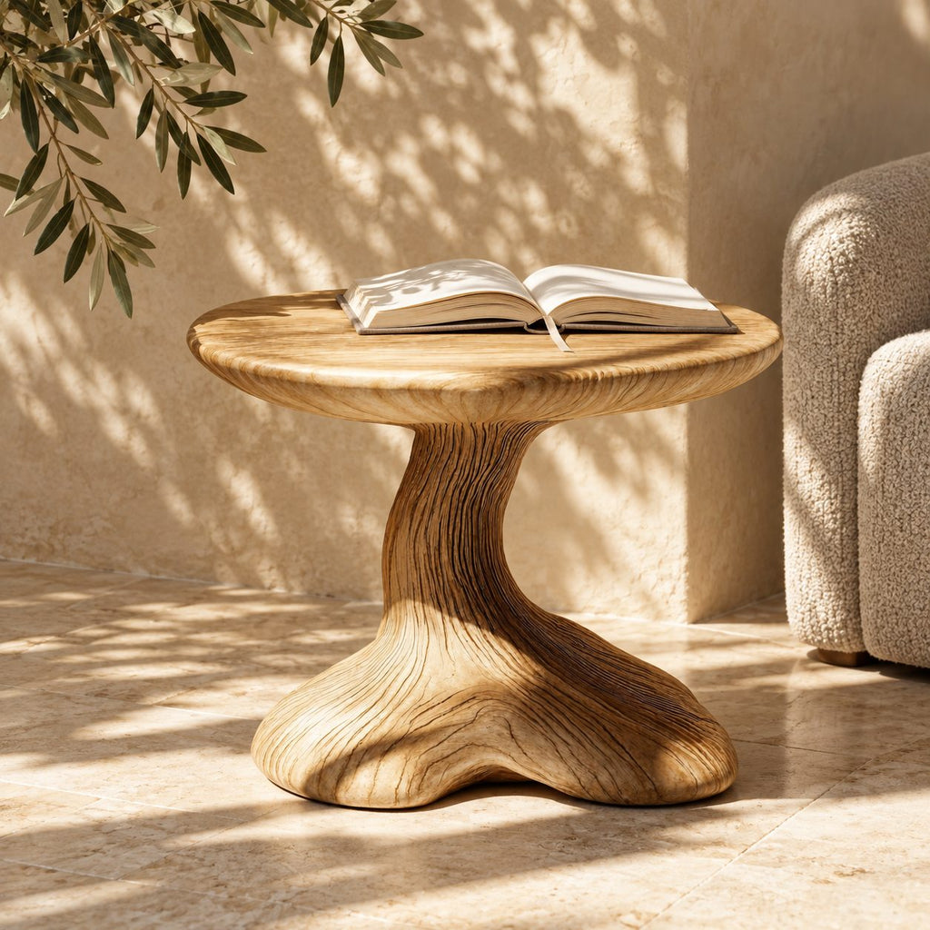 Mushroom End Table, Sculptural Pedestal Solid Wood Side Table for Living Room and Reading Nook