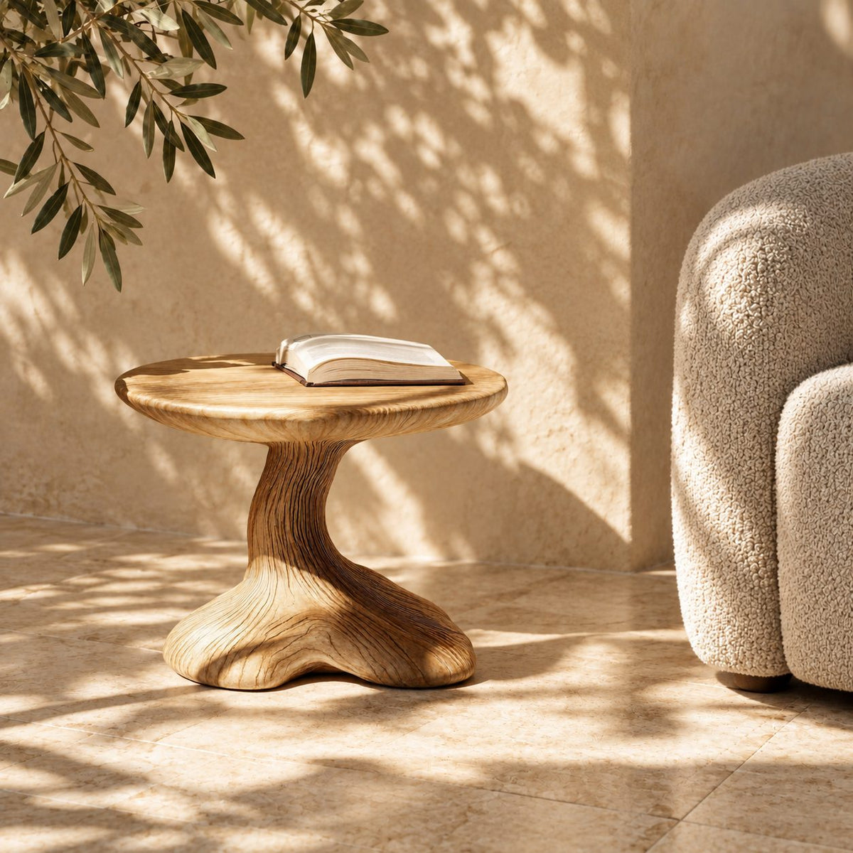 Mushroom End Table, Sculptural Pedestal Solid Wood Side Table for Living Room and Reading Nook